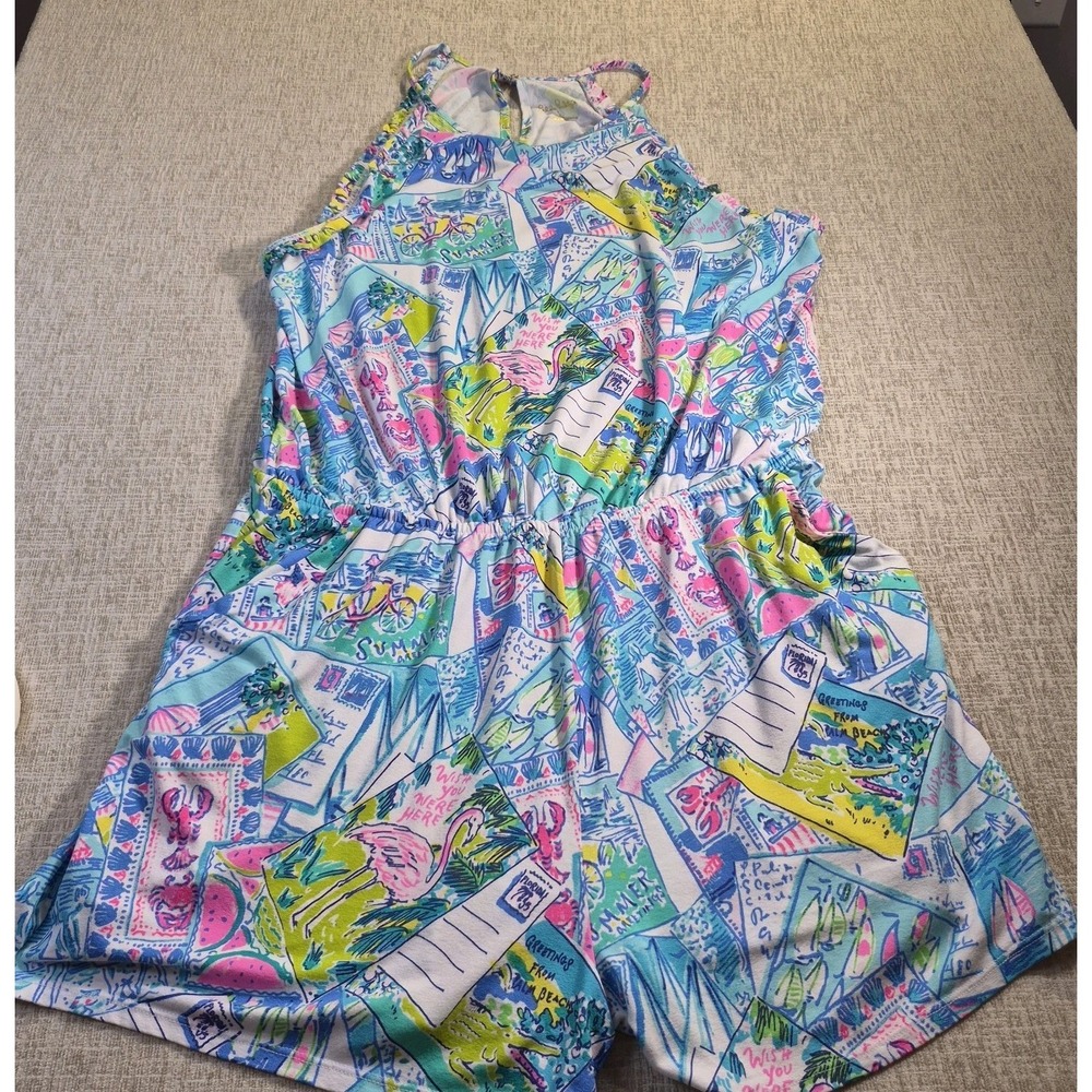 Lilly Pulitzer Dayley Romper Pop Up Wish You Were Here Postcard Blue Pink Size L